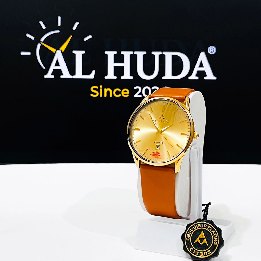 E | Citron Gold Luxe Gold Dial & Tan Strap Date Watch WITH FREE BOX
